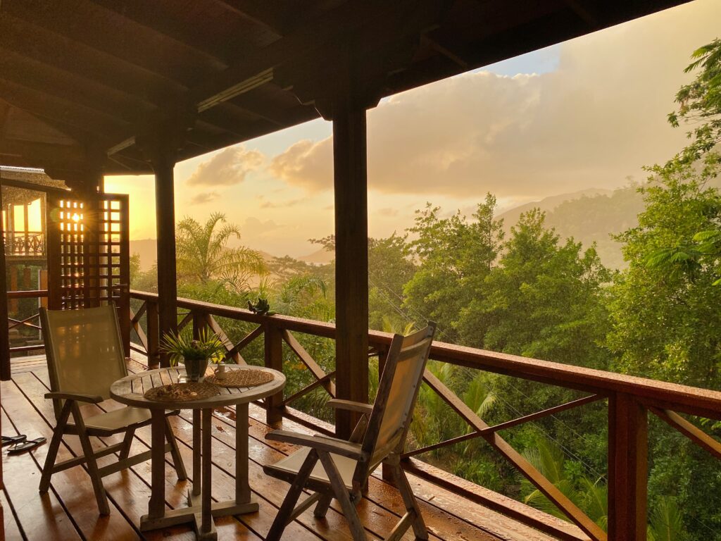 Sight from a wooden terrace with a rainforest in front.